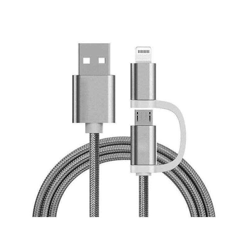 Laddkabel USB Micro & Lightning Reekin 2 i 1, - 1,0 M. (silver-nylon)
