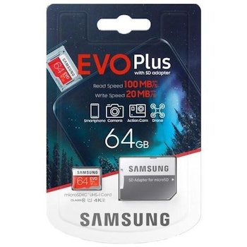 Minneskort microSDXC Samsung EVO Plus 64GB med SD -adapter