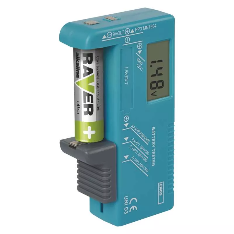 Batteritestare Universal  (AA, AAA, C, D, 9V, knapp)