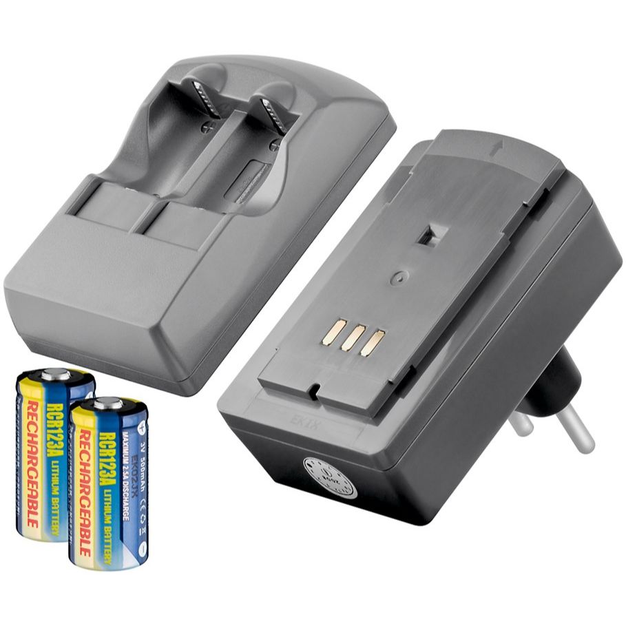Fotobatteri Plug-in laddare med 2 batterier cr123 (uppladdningsbara)