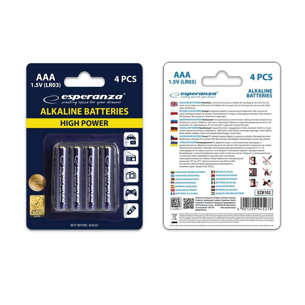 Alkaliska batterier Esperanza AAA, 4 st