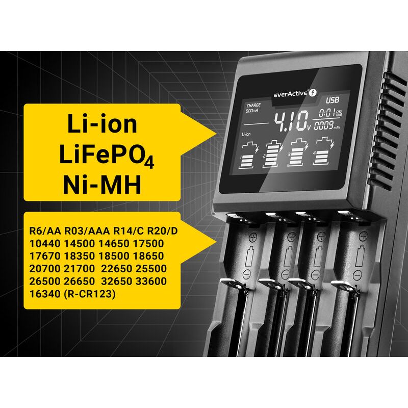 Laddare för Li-Ion och Ni-MH uppladdningsbara cylindriska batterier everActive UC-4000