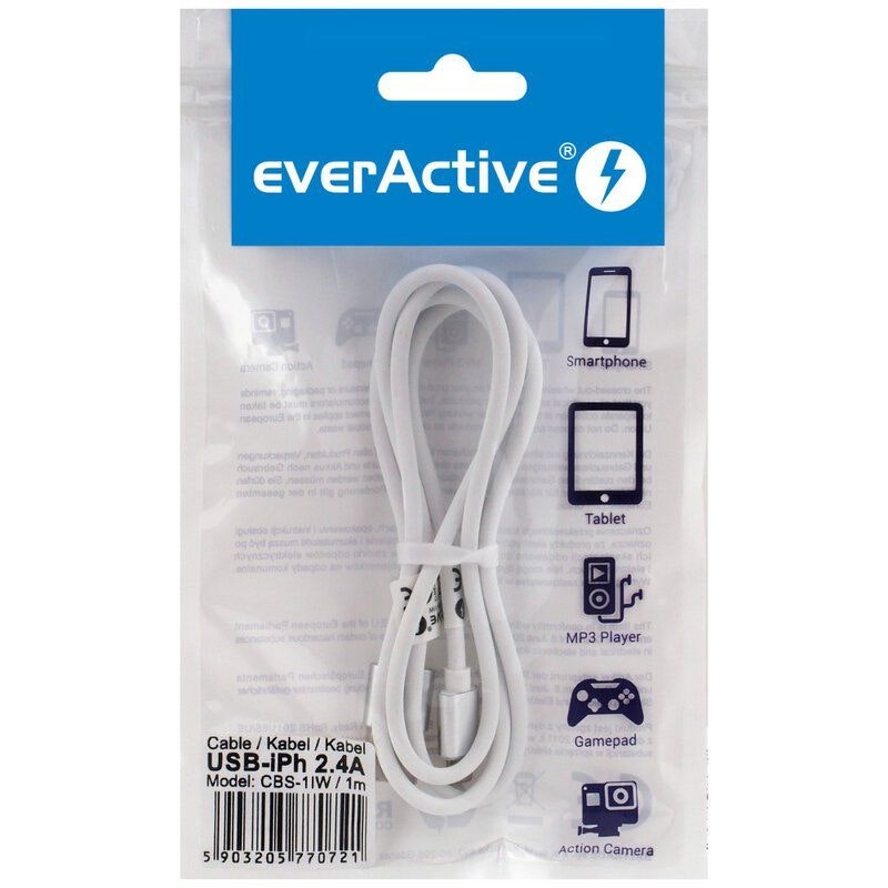 USB Silikonkabel-Lightning/iPhone everActive CBS-1IW 100cm med stöd för snabbladdning upp till 2, 4A Vit förpackning