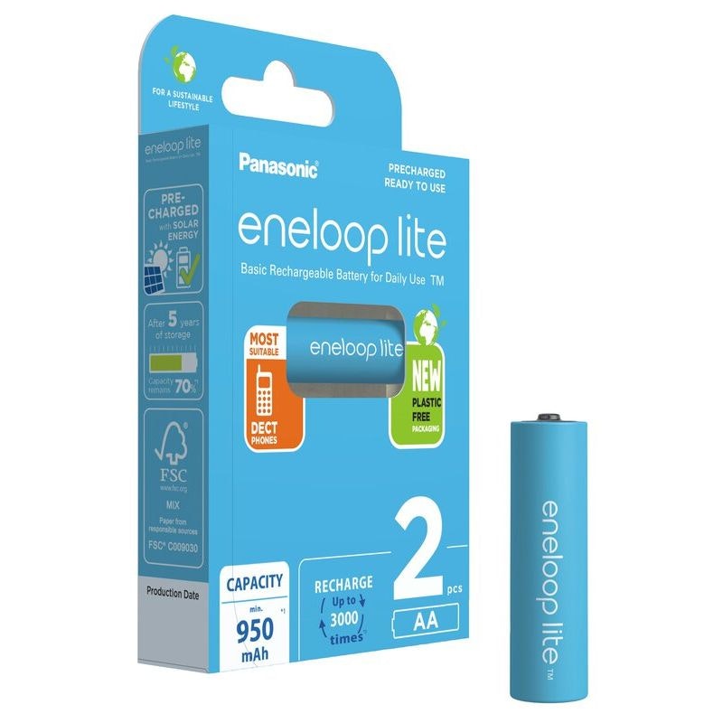 Uppladdningsbara batterier 2 x Panasonic Eneloop Lite NEW R6/AA 950mAh förpackning