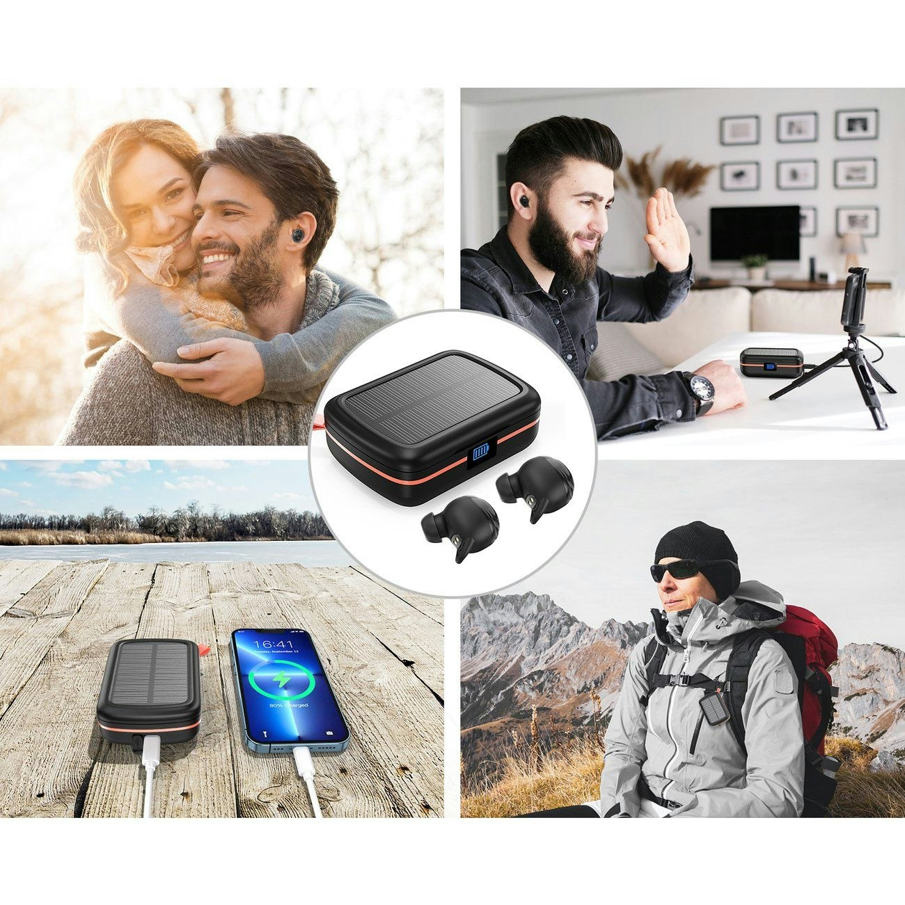 Choetech TWS trådlösa hörlurar vattentäta med solpanel och inbyggd 2500mAh powerbank svart bild 12