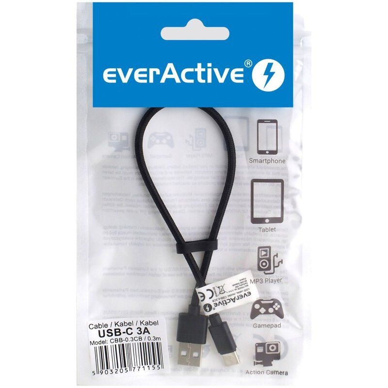 Nylon USB-kabel - USB-C  everActive CBB-0.3CB 0.3m svart