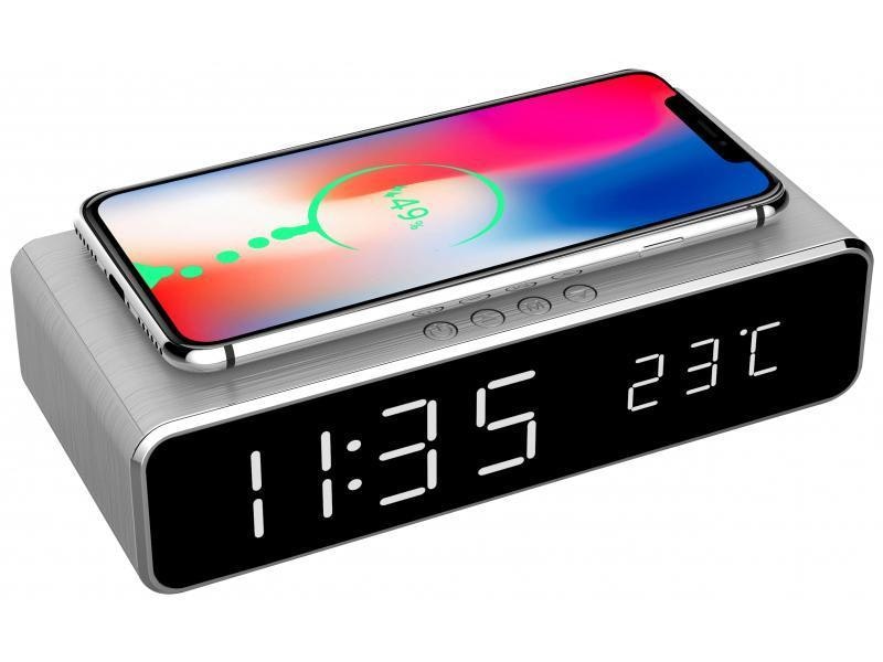 Digital väckarklocka med trådlös laddningsfunktion (grå/silver)