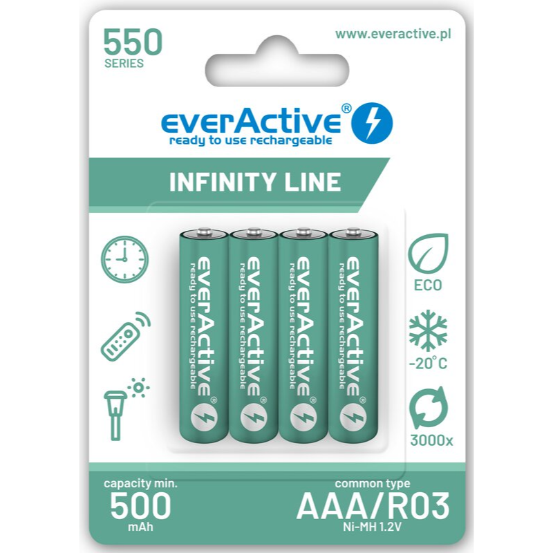 Uppladdningsbara batterier, 4 x everActive R03/AAA Ni-MH 550 mAh