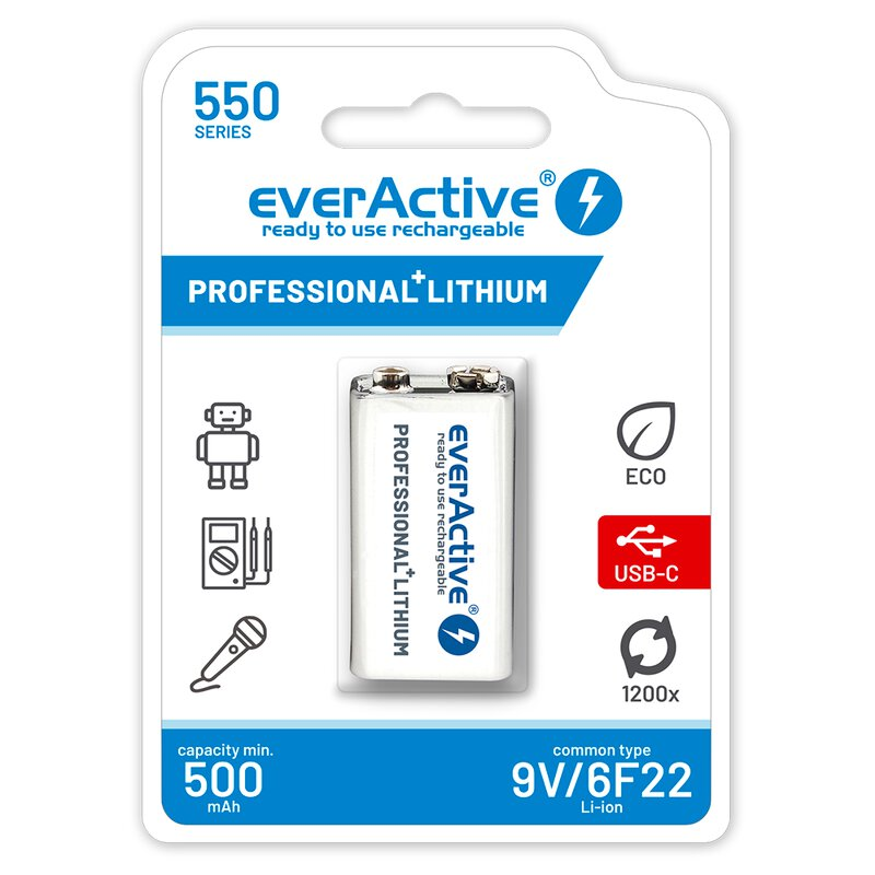 everActive 6F22/9V Li-ion 550 mAh uppladdningsbart batteri med USB TYP C