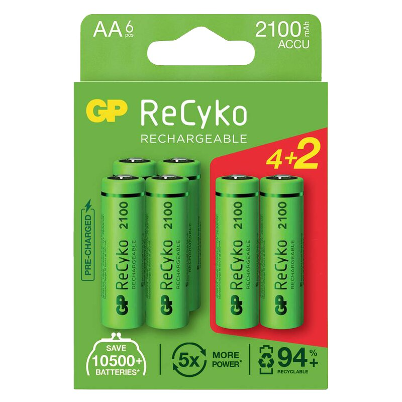 Uppladdningsbara batterier, 6 x AA / R6 GP ReCyko 2100 Series Ni-MH 2100mAh