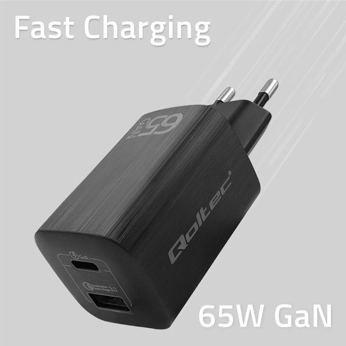 Qoltec GaN ULTRA 65W laddare| 5-20V | 2,25-3,25A | 1 x USB typ C PD | 1x USB QC 3.0 | Svart