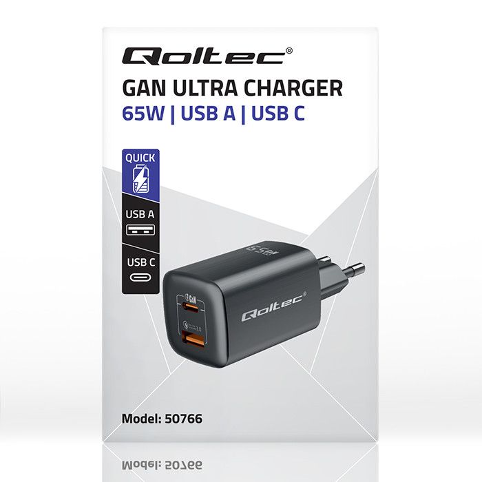 Qoltec GaN ULTRA 65W laddare| 5-20V | 2,25-3,25A | 1 x USB typ C PD | 1x USB QC 3.0 | Svart