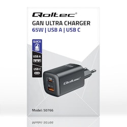 Qoltec GaN ULTRA 65W laddare| 5-20V | 2,25-3,25A | 1 x USB typ C PD | 1x USB QC 3.0 | Svart