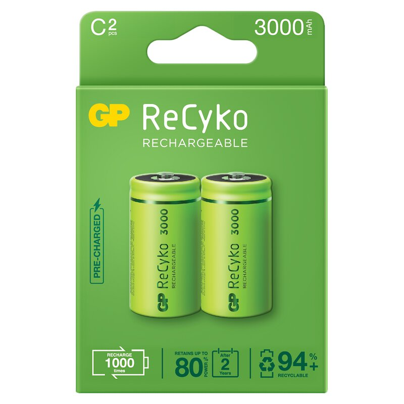 2 x C / R14 Ni-MH uppladdningsbara batterier GP ReCyko 3000mAh