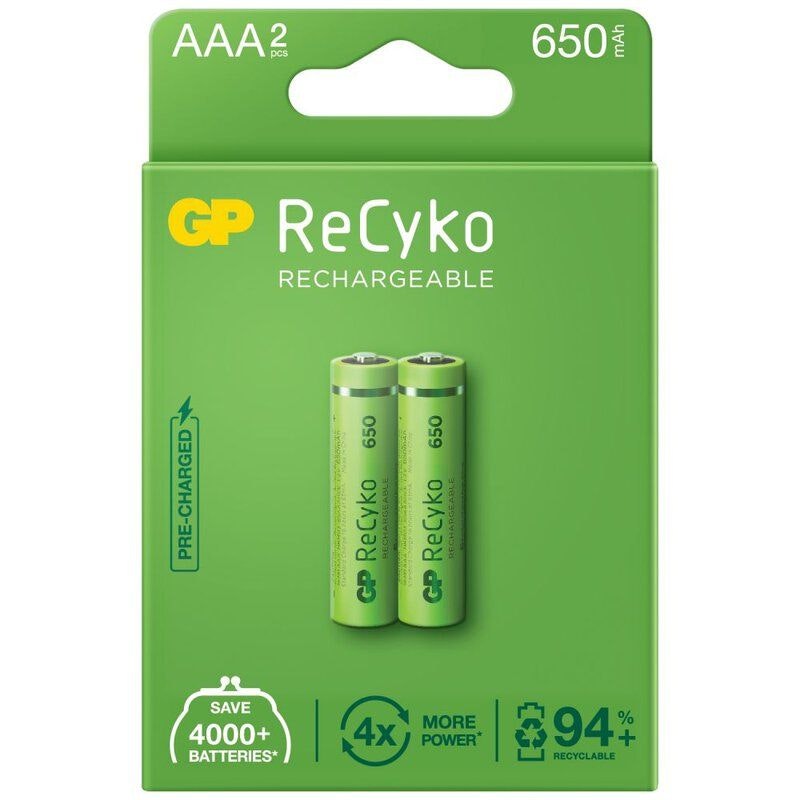 2 x uppladdningsbara batterier AAA / R03 GP ReCyko 650 Series Ni-MH 650mAh