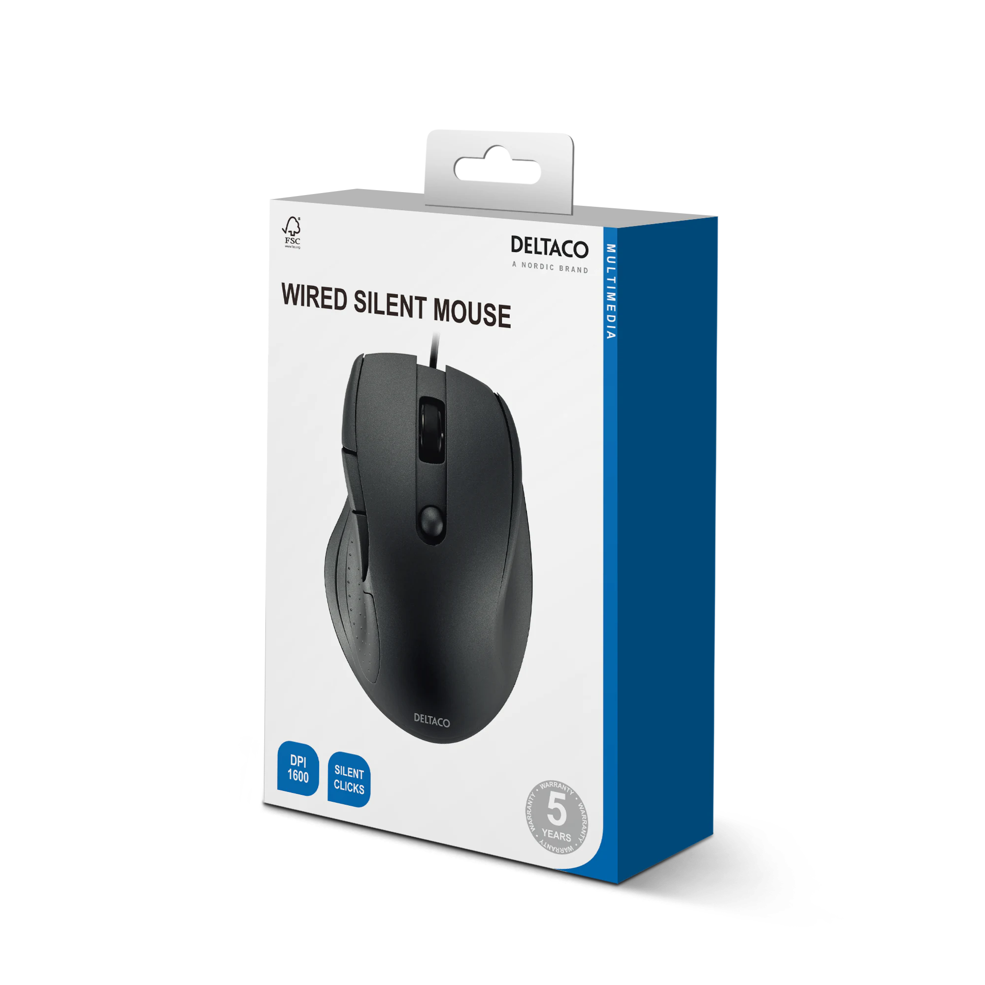 DELTACO MS-807 Tyst Kontorsmus – 5 knappar, 600–1600 DPI, USB