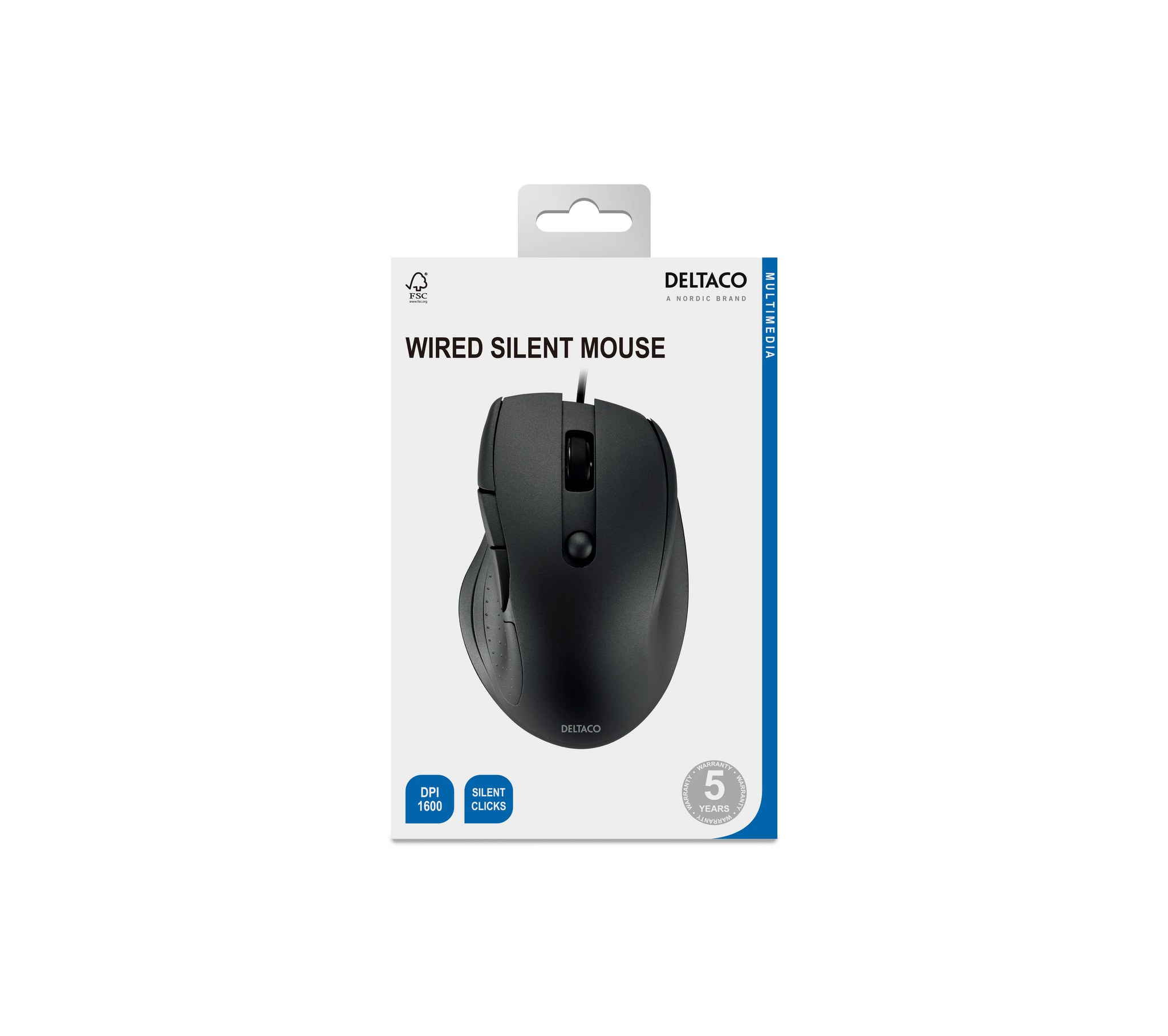 DELTACO MS-807 Tyst Kontorsmus – 5 knappar, 600–1600 DPI, USB