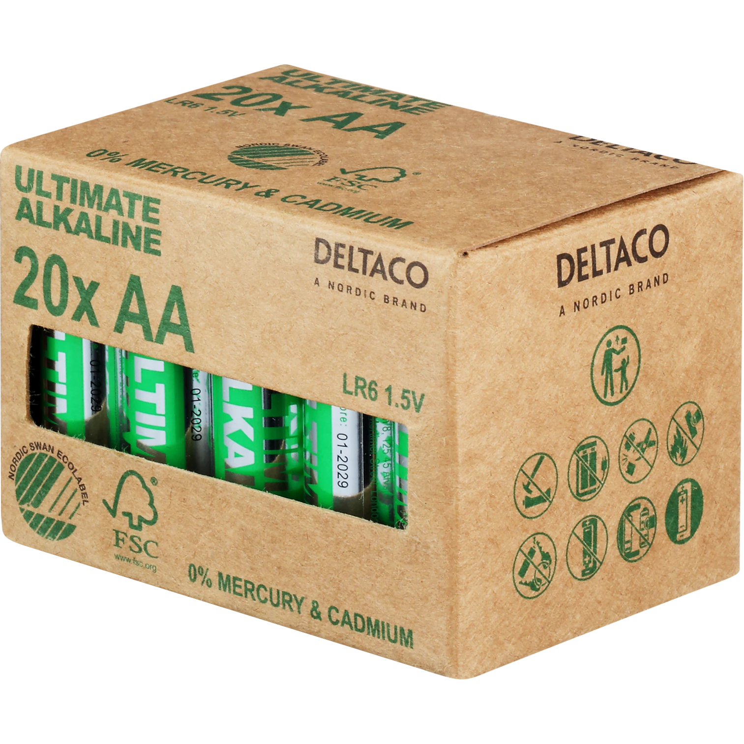 20-pack DELTACO Ultimate Alkaline AA-batterier, 1.5V, Svanenmärkta