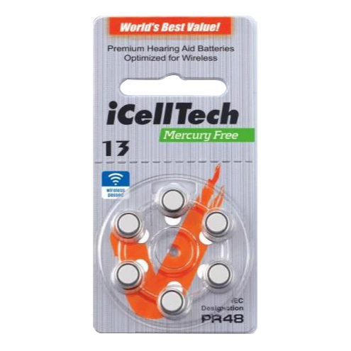 iCellTech PR48 zink-luftbatterier för hörapparater, 6-pack