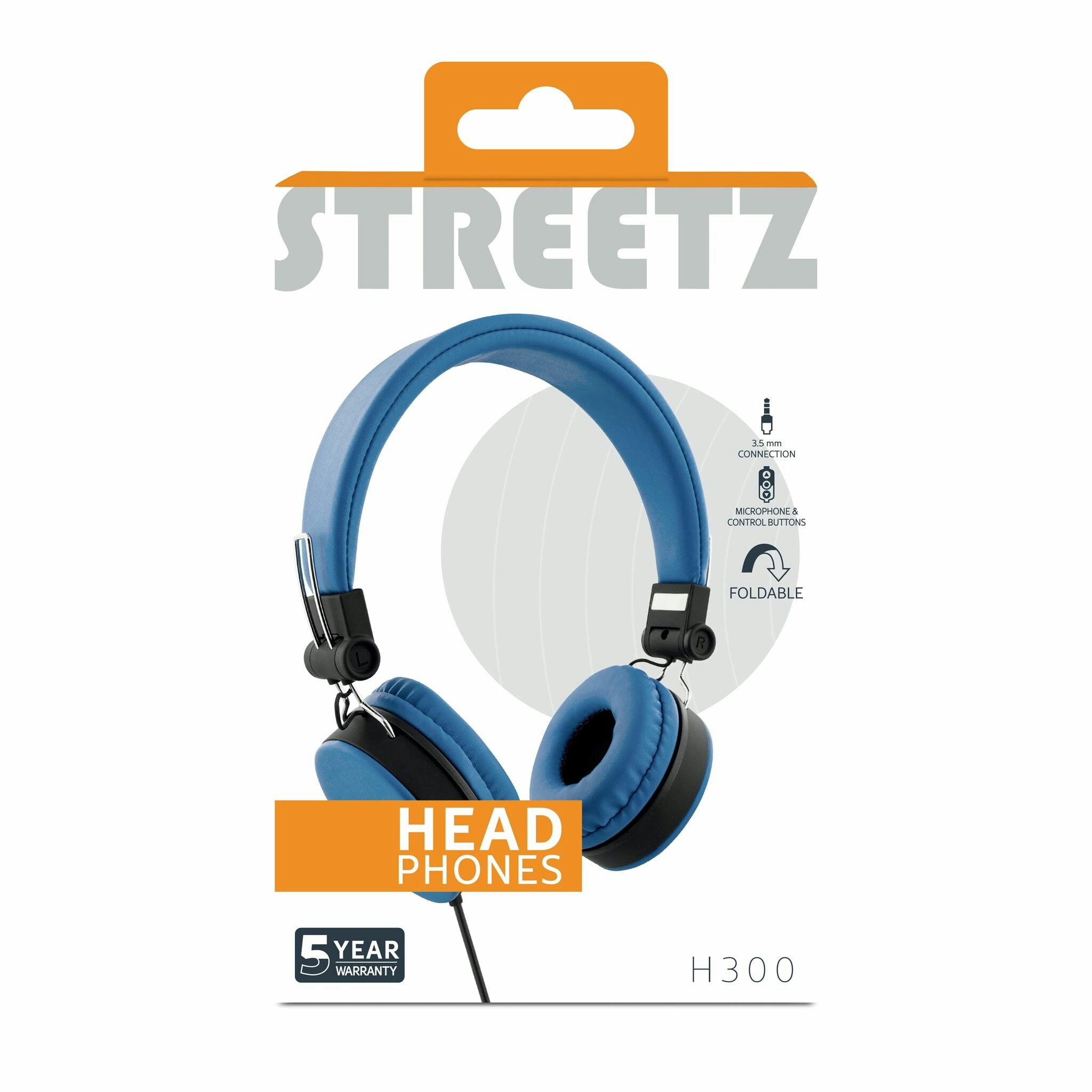 STREETZ HL-W201 blå hopfällbara hörlurar med mikrofon och 3,5 mm kontakt