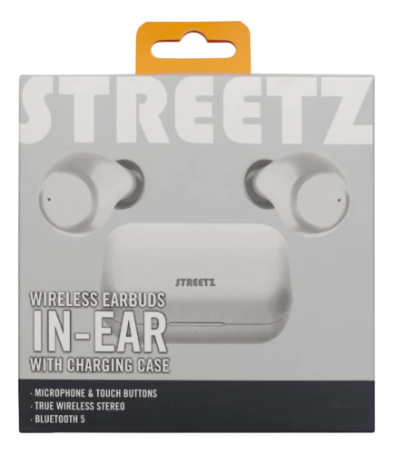 STREETZ TWS-111 trådlösa vita in-ear-hörlurar med Bluetooth 5 och laddningetui
