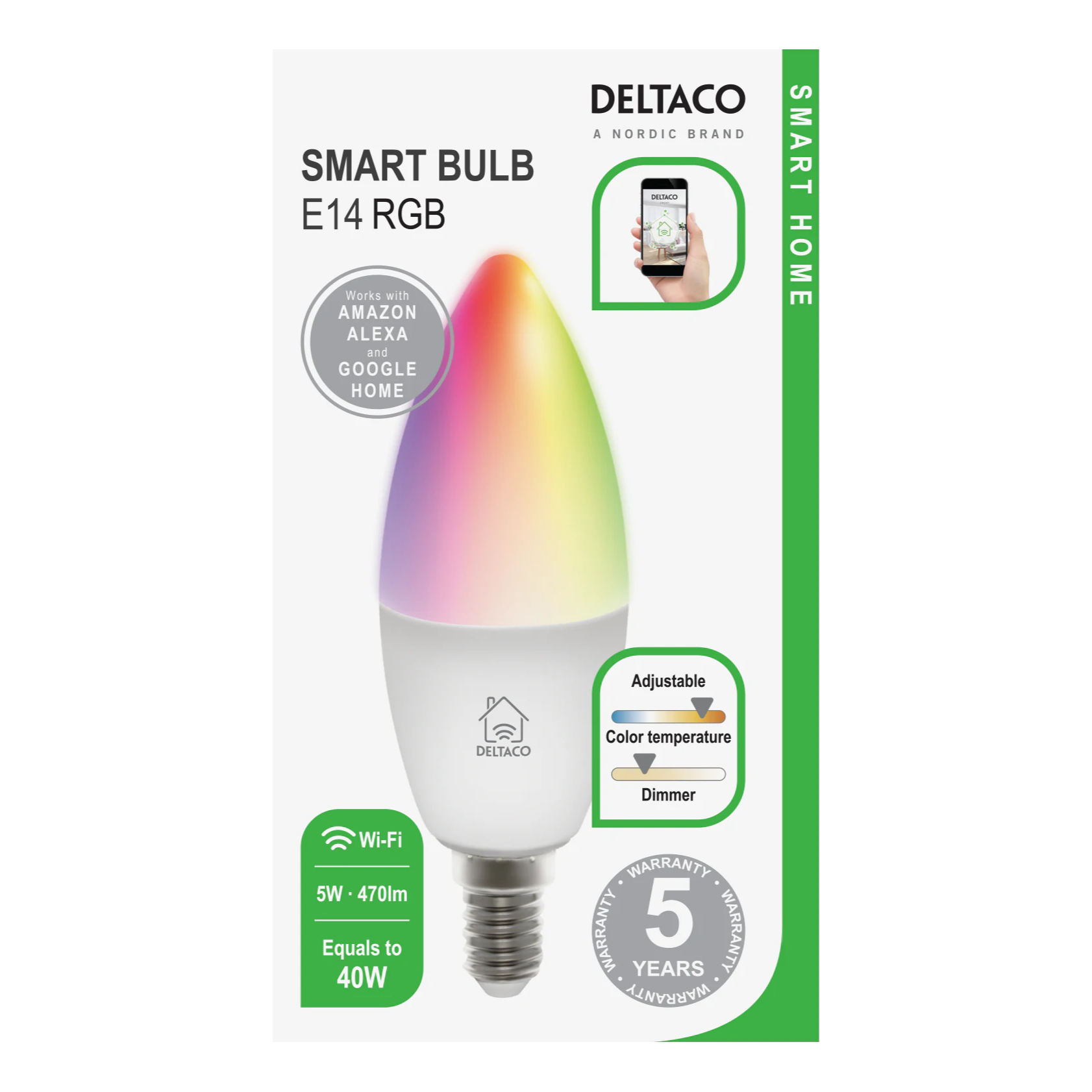DELTACO Smart LED-lampa E14 RGB – WiFi, Dimbar & Röststyrd