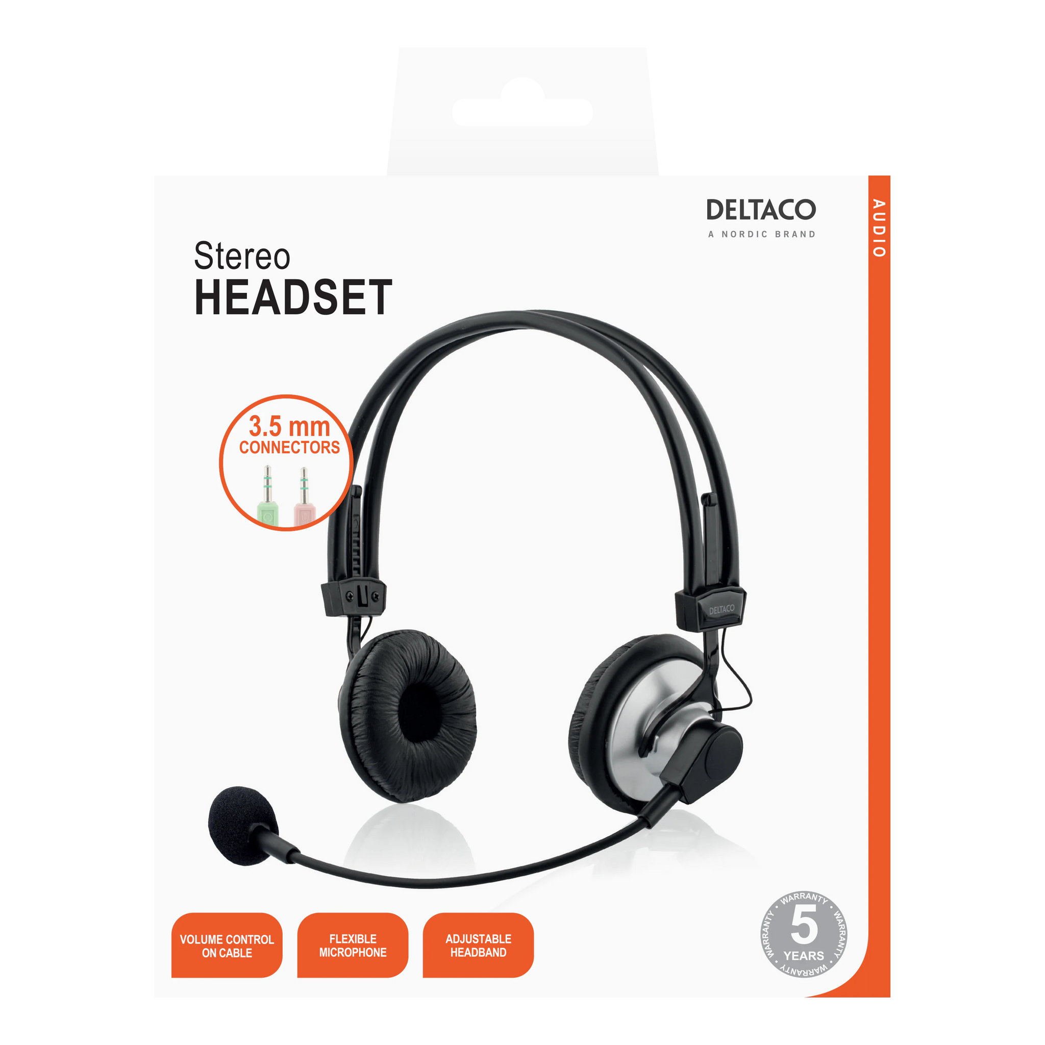 DELTACO HL-7 Headset – 3,5 mm, Volymkontroll & Bommikrofon
