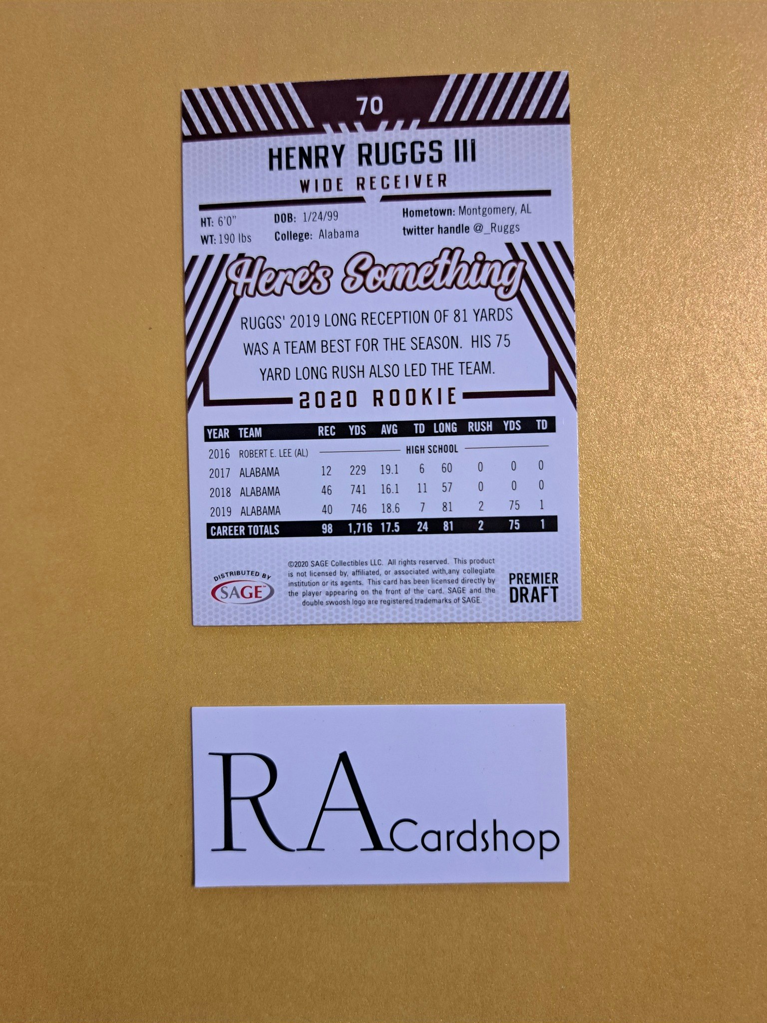 Henry Ruggs III #70 2020 Rookie Sage Hit Premier Draft