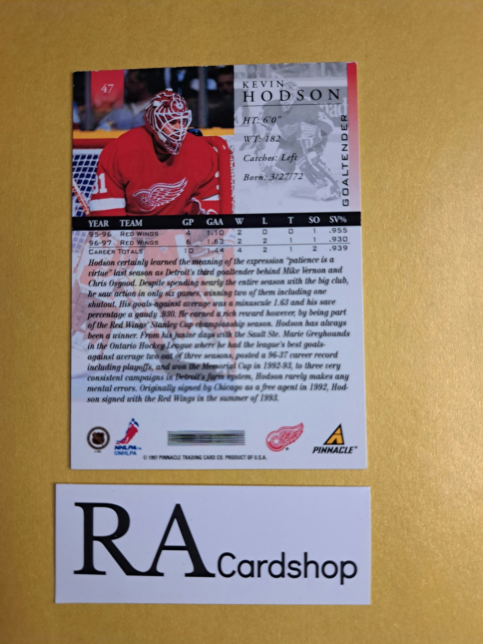 Kevin Hodson 97-98 Pinnacle #47 NHL Hockey
