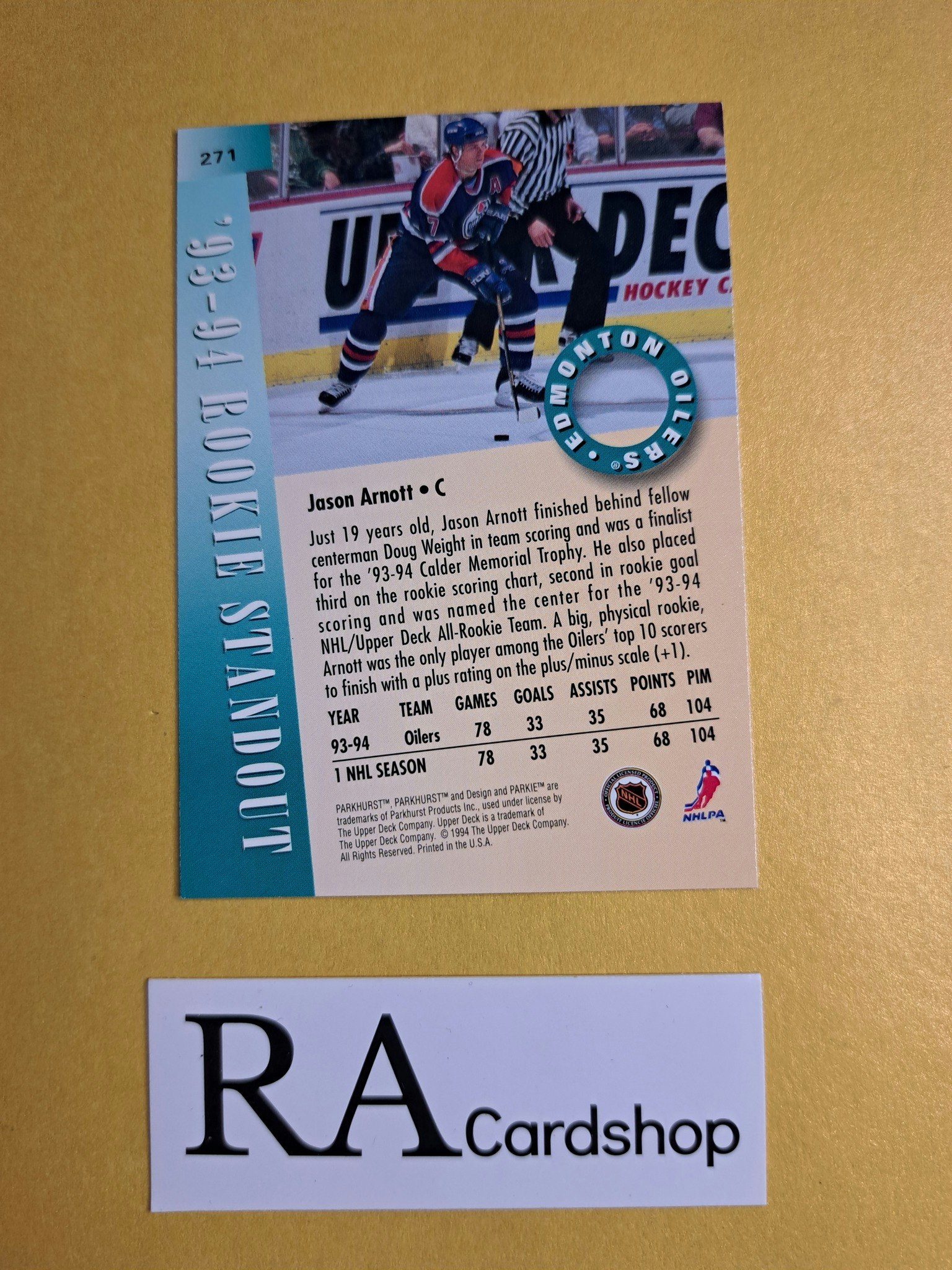 Jason Arnot Rookie Standout 94-95 Parkhurst #271 NHL Hockey