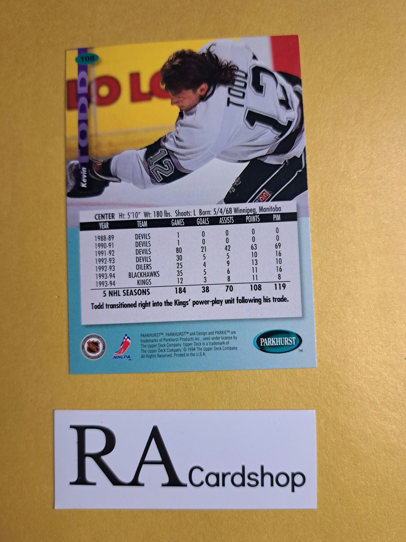 Kevin Todd 94-95 Parkhurst #108 NHL Hockey