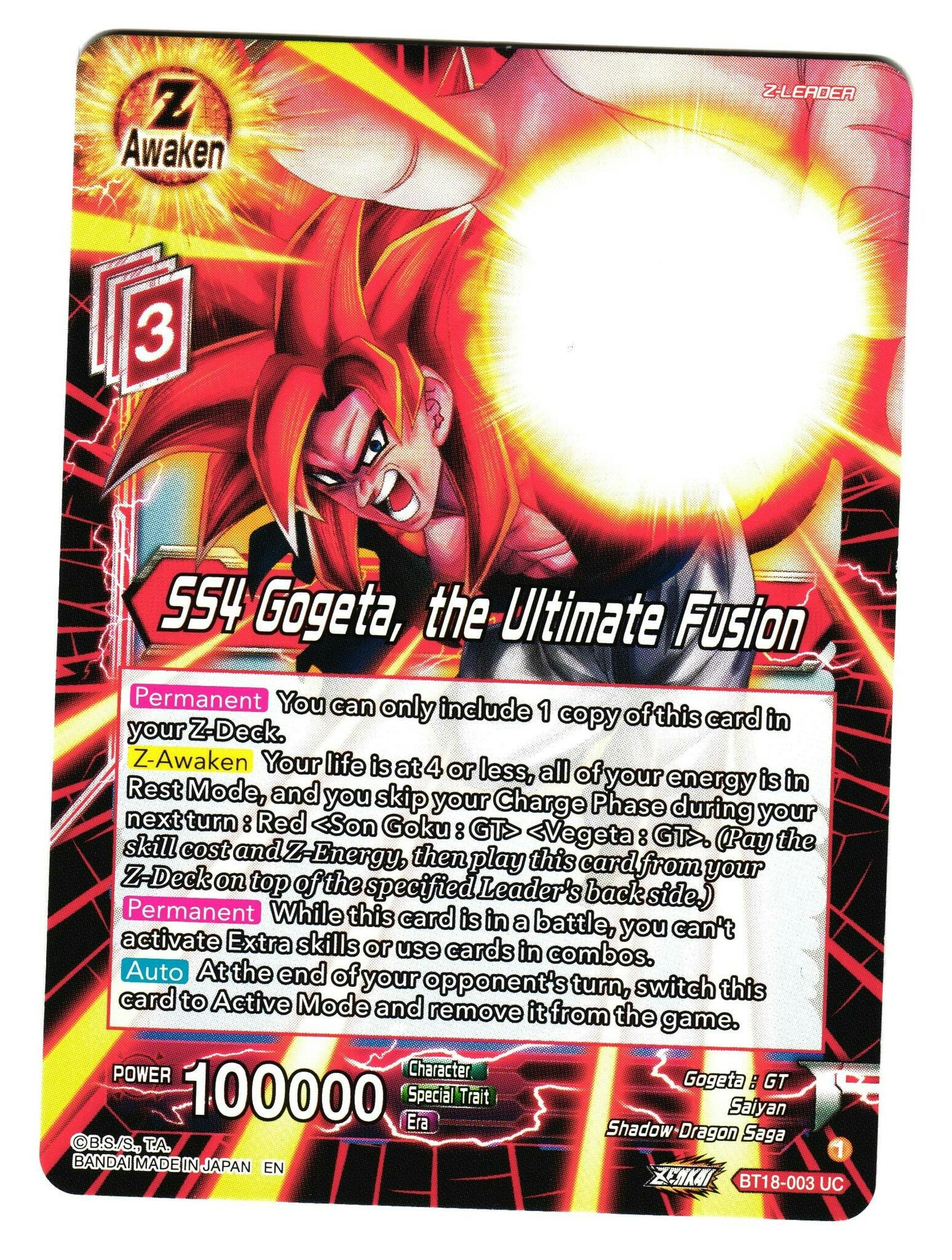 SS4 Gogeta the Ultimate Fusion Bt18-3 Uncommon Dawn Of The Z-Legends Dragon Ball