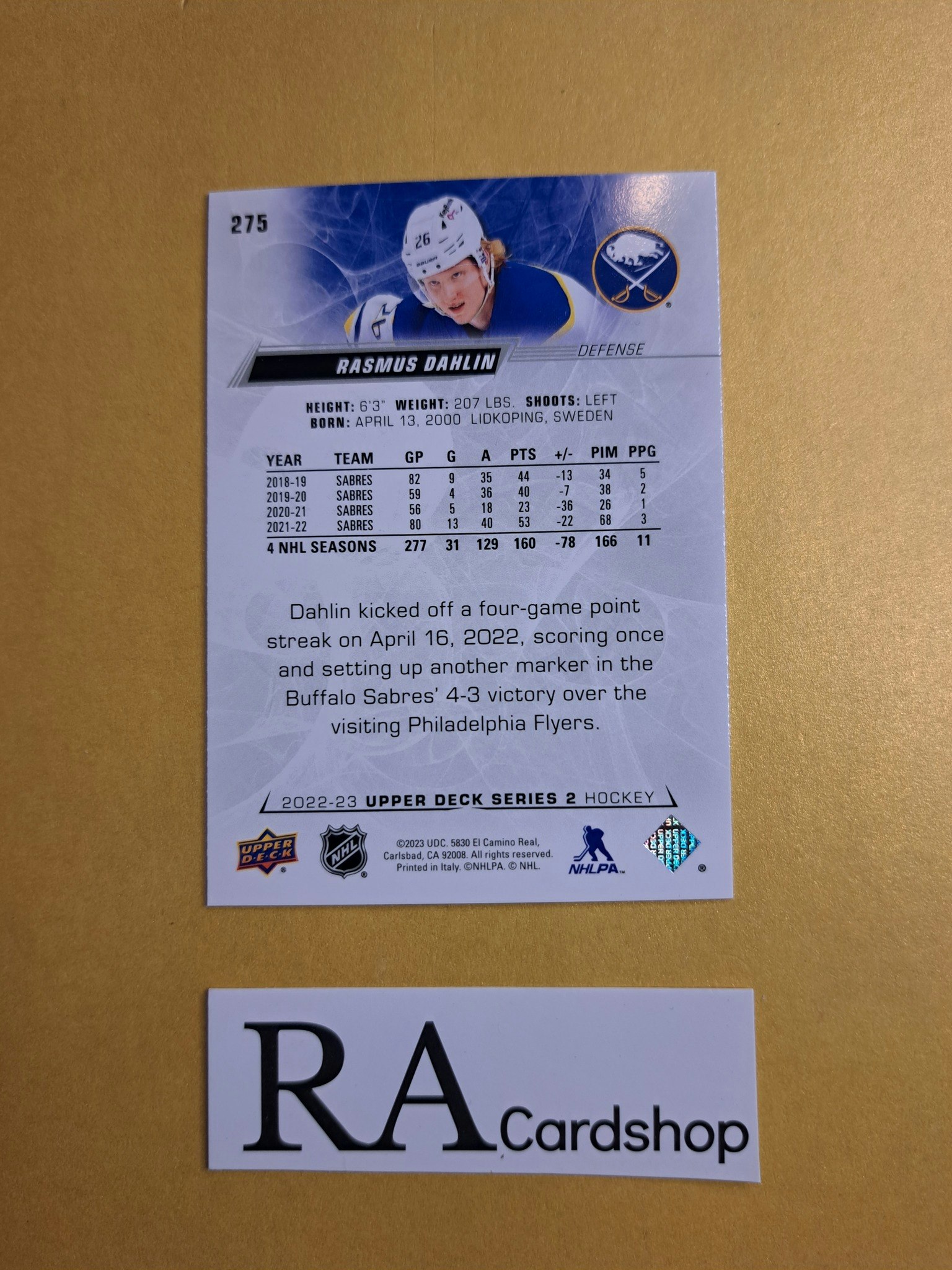 #275 Rasmus Dahlin 2022-23 Upper Deck Series 2 Hockey