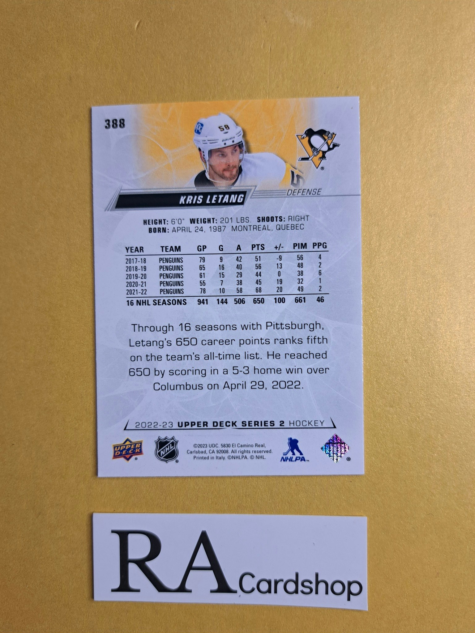 #388 Kris Letang 2022-23 Upper Deck Series 2 Hockey