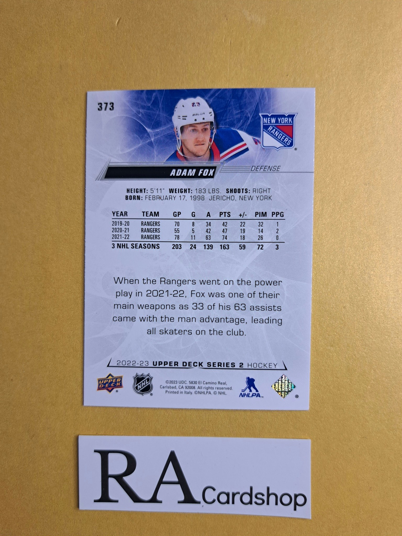 #373 Adam Fox 2022-23 Upper Deck Series 2 Hockey