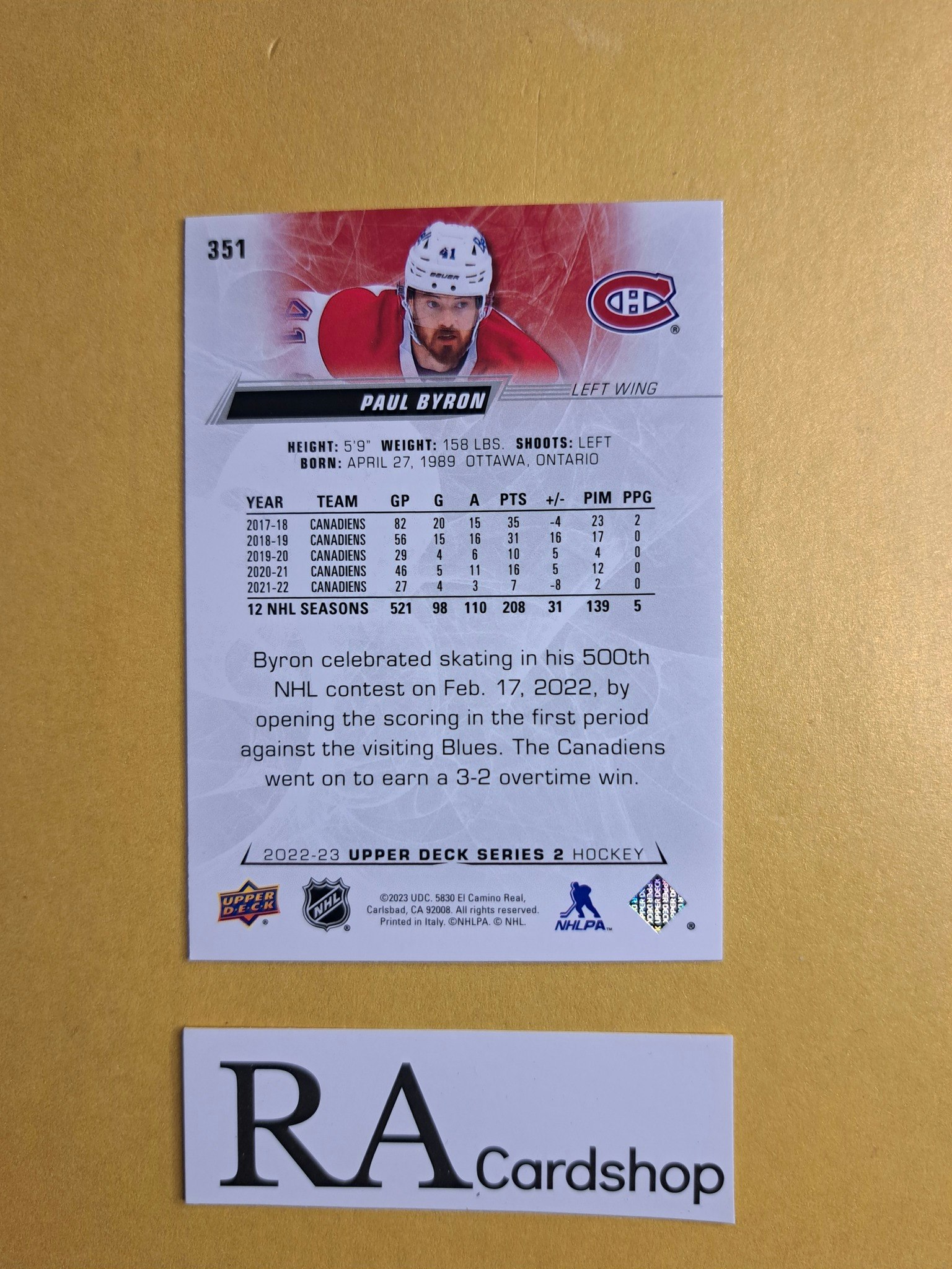 #351 Paul Byron 2022-23 Upper Deck Series 2 Hockey