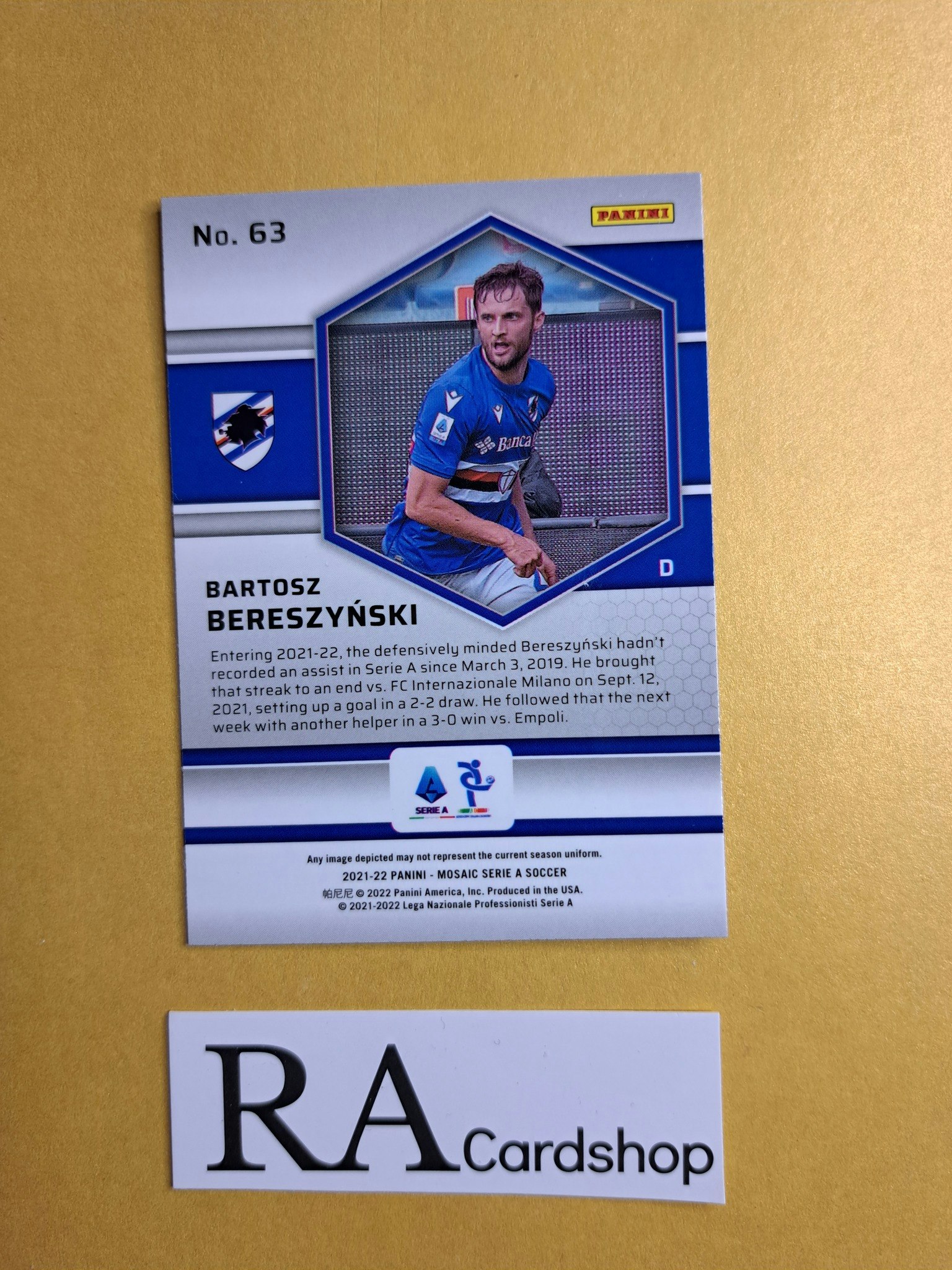 #63 Bartosz Bereszynski 2021-22 Panini Mosaic Serie A Soccer Fotboll