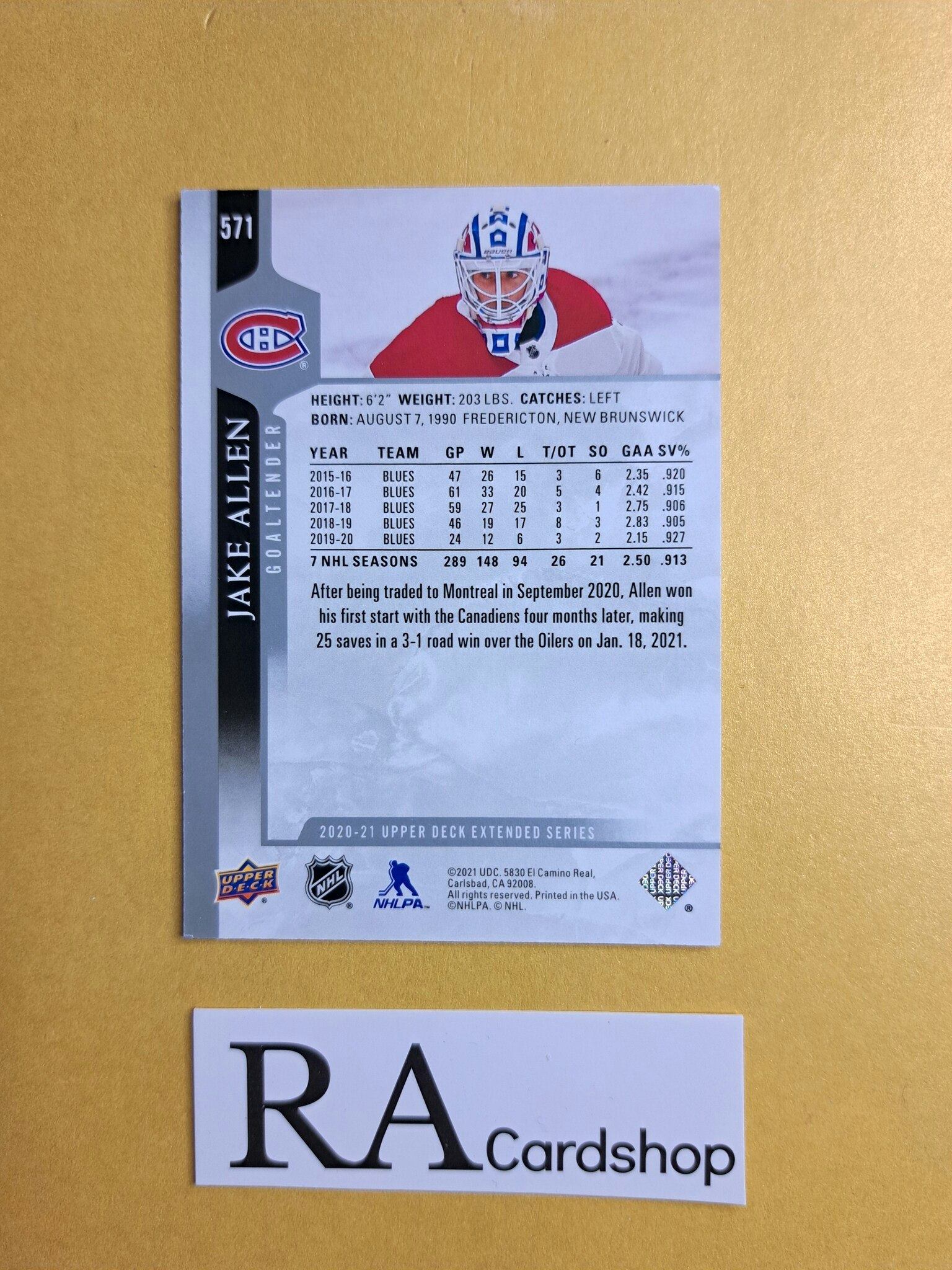#571 Jake Allen 2020-21 Upper Deck Extended Series Hockey