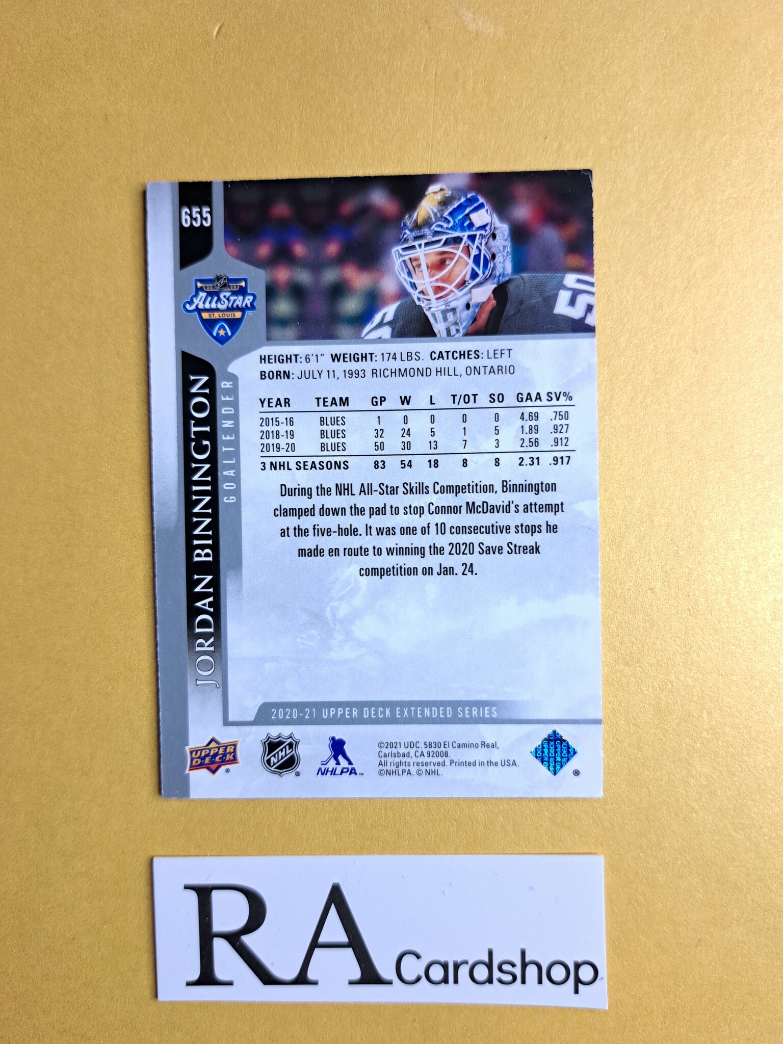 #655 Jordan Binnington 2020-21 Upper Deck Extended Series Hockey