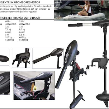 Elektrisk utombordsmotor 12 V, 40lbs, rigg 66 cm