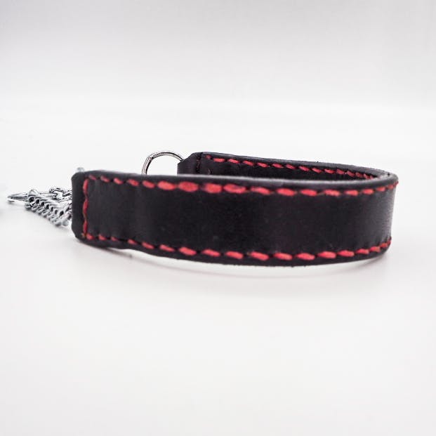 Svensktillverkat Hundhalsband 20cm Svart läder, röd söm