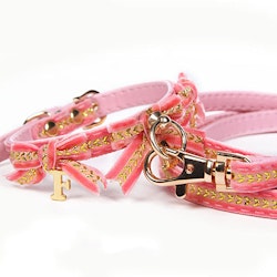 Collar/Leash Set Velvet Pink/Gold w Bow