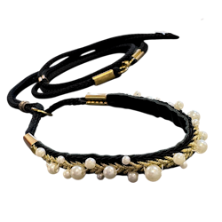 Show Leash Black Leather Pearls
