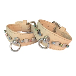 Mini Leather Collar Beige w Stones 14-17cm