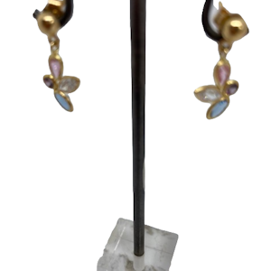 Hängande guldörhänge med 4 stenar infattade safirblå ametistlila rosa 18k