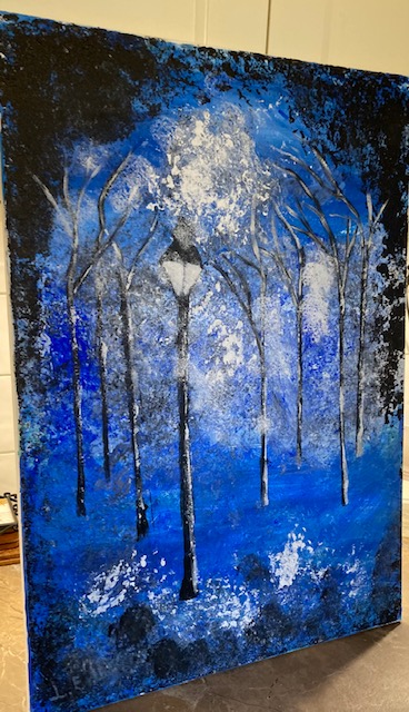 Den blå skogen, acrylicmålning på Canvasduk Målad av Lisbeth Ericsson Ur och Guld JemasMix