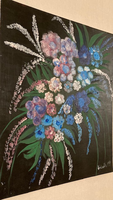 Acrylmålning färgad blommor mot svart bakgrund målas p 60 x 50cm canvas duk hos EriCsson Ur och Guld/JemasMix