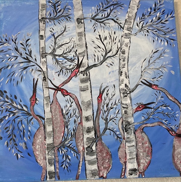 Akrylmålning av Lisbeth Ericsson str 49 x 49 cm. hos ericssonurochguld.se GALLERI  motiv flamingos in the forest