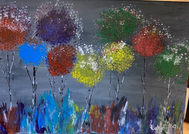 Akrylmålning på uppspänd canvas Motiv fantasifulla sprakande färglada blommor hos ericssonrucohguld.se Galleri