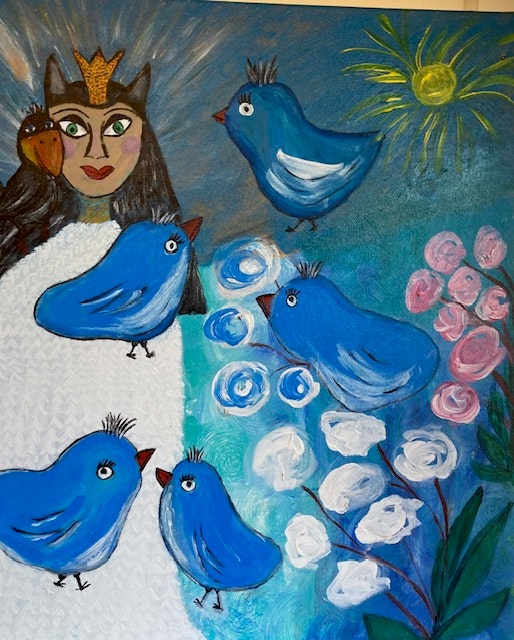 blue birds and the princess akrylmålning av Lisbeth Ericsson hos ericssonurochguld.se
